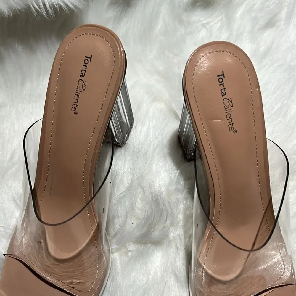 Torta Caliente (Size 8.5M) Clear/Nude‎ Open Toe Slip-on Block Heel. B76